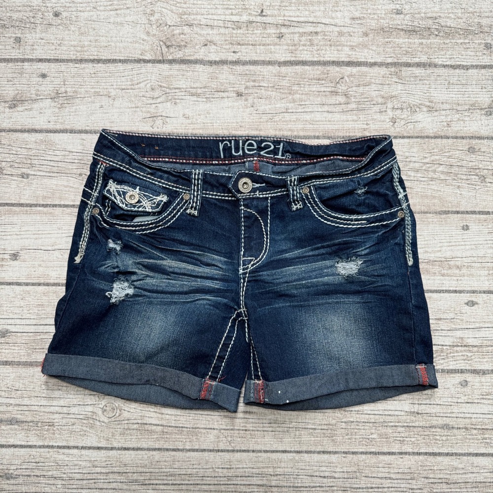 Y2K Rue21 Shorts Women's 25 Blue Dark Rinse Denim Low Rise Distressed Whiskered